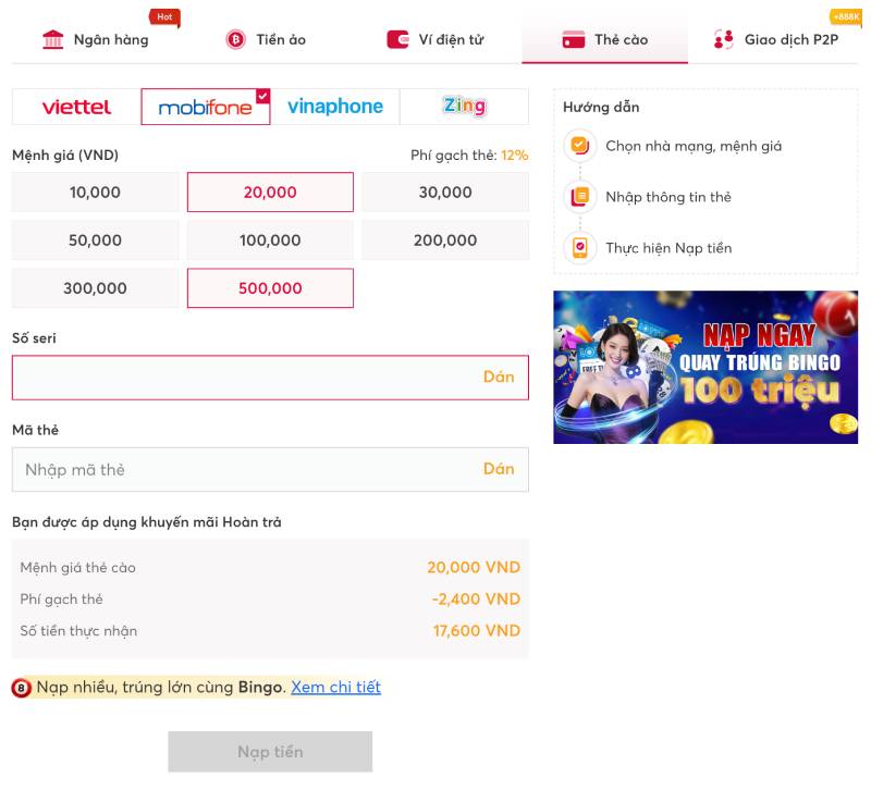 Hướng Dẫn Nạp, Rút Tiền Nhà Cái Net88 Chuẩn Nhất Cho Newbie 4 Nạp tiền Net88 bằng thẻ cào (Viettel – Mobi – Vina – Zing)